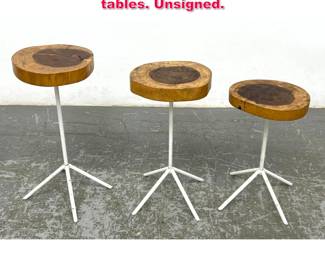 Lot 436 3pc Wood slice metal base drink tables. Unsigned.