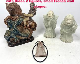 Lot 143 4pcs Austrian Style Pottery. Horse with Rider. 2 figures, small French wall plaque. 