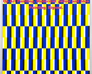 Lot 373 Large TIM RAY FISHER Yellow Blue Op Art Painting. Modernist yellow and blue Painting. Signed. 
