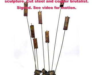 Lot 184 WILLINO 67 kinetic cattail sculpture. Cut steel and copper brutalist. Signed. See video for motion. 