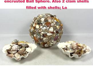 Lot 282 3pc Sea Shell Craft Art. Nice Shell encrusted Ball Sphere. Also 2 clam shells filled with shells Lo