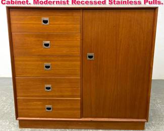 Lot 522 Danish Modern Teak Tall Dresser Cabinet. Modernist Recessed Stainless Pulls. 