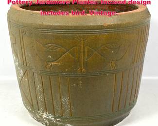 Lot 33 Arts and Crafts Glazed Terracotta Pottery Jardiniere Planter. Incised design includes bird. Vintage.