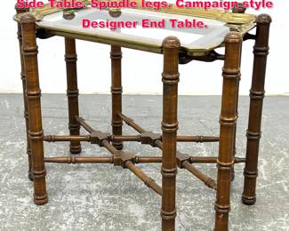 Lot 521 Brass and Glass Tray Top Vintage Side Table. Spindle legs. Campaign style Designer End Table. 