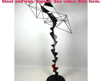 Lot 196 CHRIS HILTEY Kinetic sculpture. Steel and iron. Signed. See video. Kite form.
