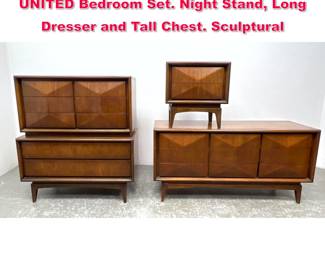 Lot 532 3pc American Modern Walnut UNITED Bedroom Set. Night Stand, Long Dresser and Tall Chest. Sculptural 