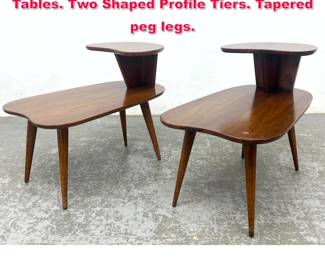 Lot 574 Pr American Modern Walnut Stepped Tables. Two Shaped Profile Tiers. Tapered peg legs. 