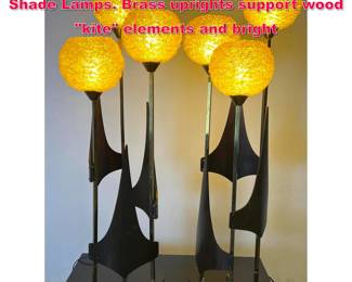 Lot 93 Pr Brutalist Modernist Spaghetti Shade Lamps. Brass uprights support wood kite elements and bright