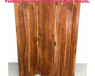 Lot 229 Solid Wood 3 Panel Room Divider. Folding Screen with Carved Arch details. 