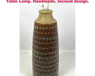 Lot 221 Danish Modern Soholm Pottery Table Lamp. Handmade. Incised design.