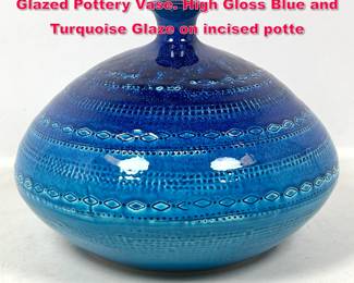 Lot 140 CERAMICHE TADINATE Italian Glazed Pottery Vase. High Gloss Blue and Turquoise Glaze on incised potte