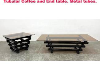 Lot 431 2pc Post Modern Black Stacked Tubular Coffee and End table. Metal tubes. 
