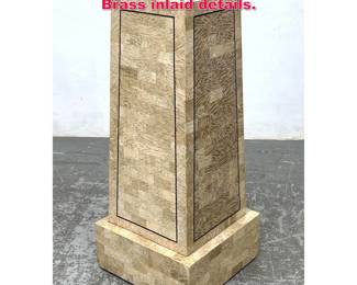 Lot 325 Travertine Overlay Pedestal Stand. Brass inlaid details. 