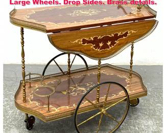 Lot 565 Italian Inlaid Bar Cart Server with Large Wheels. Drop Sides. Brass details. 