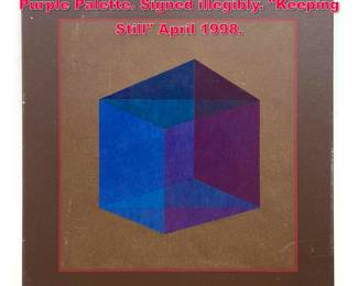 Lot 382 Modernist Op Art Painting. Blue, Purple Palette. Signed illegibly. Keeping Still April 1998. 