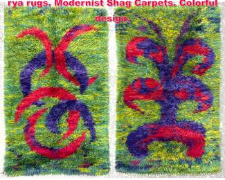 Lot 315 Pair mid century Scandinavian wool rya rugs. Modernist Shag Carpets. Colorful design. 