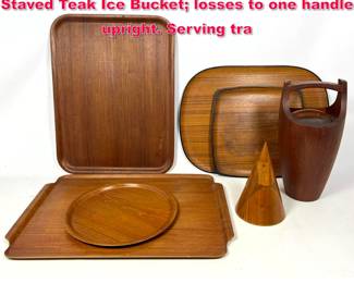 Lot 460 7pc Mostly Teak Modern Table Ware. Staved Teak Ice Bucket losses to one handle upright. Serving tra