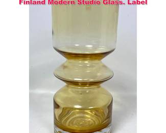 Lot 54 Riihimaki Lasi Amber glass vase. Finland Modern Studio Glass. Label