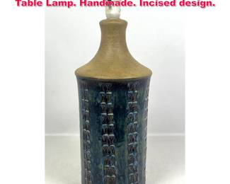 Lot 222 Danish Modern Soholm Pottery Table Lamp. Handmade. Incised design.