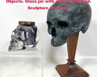 Lot 191 2pcs Decorative Human Skull Form Objects. Glass jar with metal tacked lid. Sculpture on Stand. 