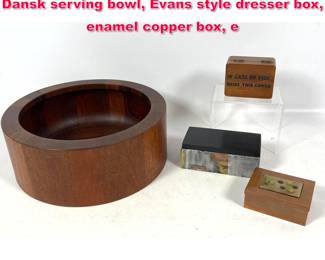 Lot 209 Mid Century Modern Tablewares Lot. Dansk serving bowl, Evans style dresser box, enamel copper box, e