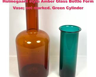 Lot 9 2pc Modernist Glass Vases. Holmegaard style Amber Glass Bottle Form Vase not marked. Green Cylinder