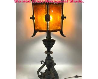 Lot 564 Vintage Iron Table Lamp. Amber Stained Glass Hexagonal Shade. 
