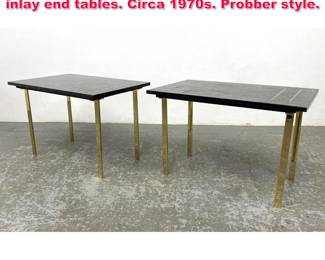 Lot 425 Pair of Belgian marble top brass inlay end tables. Circa 1970s. Probber style. 