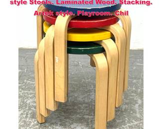 Lot 572 Set 4 Primary Colors Alvar Aalto style Stools. Laminated Wood. Stacking. Artek style. Playroom. Chil