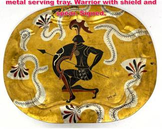 Lot 508 Frank Neal handpainted decorative metal serving tray. Warrior with shield and spear. Signed. 