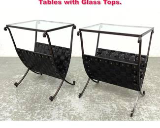 Lot 428 Pair Iron and Leather Strap Side Tables with Glass Tops. 