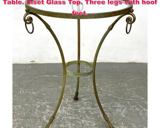 Lot 567 Regency style Brass Steel Side Table. Inset Glass Top. Three legs with hoof feet. 