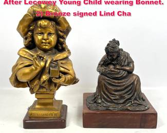 Lot 334 2pc Metal Figural Sculptures. 1 After Lecowey Young Child wearing Bonnet. 2 Bronze signed Lind Cha