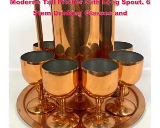 Lot 284 8pc Art Deco Copper Drink Set. Art Moderne Tall Pitcher with Long Spout. 6 Stem Drinking Glasses and