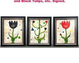 Lot 409 3pc LASLO Flower Paintings. Red and Black Tulips, etc. Signed. 