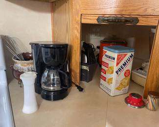 Coffee pot, saltine box, mixer, croc pots