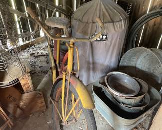Metal tubs and wash bins, old bike, tomato cages & more