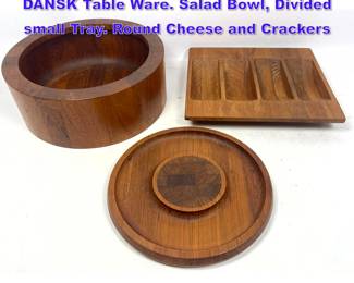 Lot 642 3pc JENS QUISTGAARD Teak DANSK Table Ware. Salad Bowl, Divided small Tray. Round Cheese and Crackers