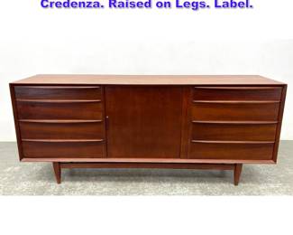 Lot 615 FALSTER Danish Modern Teak Credenza. Raised on Legs. Label. 