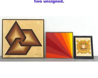 Lot 1128 3pcs Op Art Paintings. Letterman, two unsigned. 