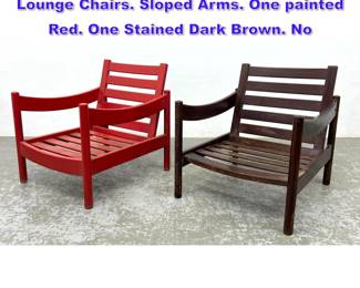 Lot 1087 2pc Wood Slat Seat and Back Lounge Chairs. Sloped Arms. One painted Red. One Stained Dark Brown. No 