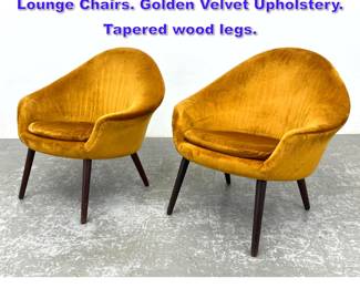 Lot 1093 Pr Danish Modern Flared Arm Lounge Chairs. Golden Velvet Upholstery. Tapered wood legs. 