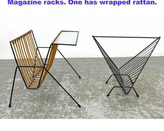 Lot 824 2pc Stylish Black Iron Modernist Magazine racks. One has wrapped rattan. 