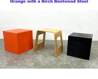 Lot 934 3pcs lot. Plastic Cubes Black and Orange with a Birch Bentwood Stool