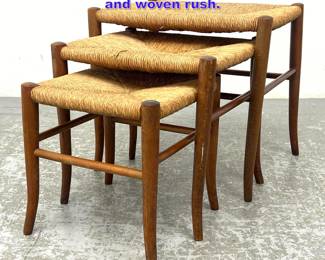 Lot 1045 Set of three nesting benches, wood and woven rush. 