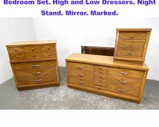 Lot 940 4pc UNITED American Modern Bedroom Set. High and Low Dressers. Night Stand. Mirror. Marked. 