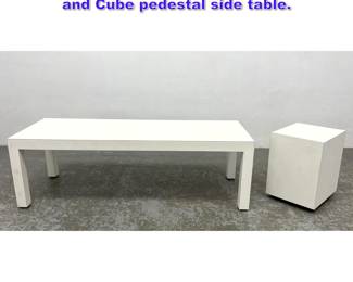 Lot 1114 2pcs white Laminate. Coffee table and Cube pedestal side table. 