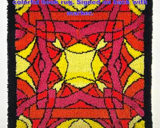 Lot 1165 JERRY SIANO abstract tapestry colorful hook rug. Signed on back with marker. 