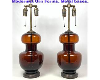 Lot 869 Pr Amber Brown Glass Table Lamps. Modernist Urn Forms. Metal bases. 