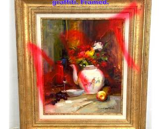 Lot 1133 Painted still life painting with graffiti. Framed. 